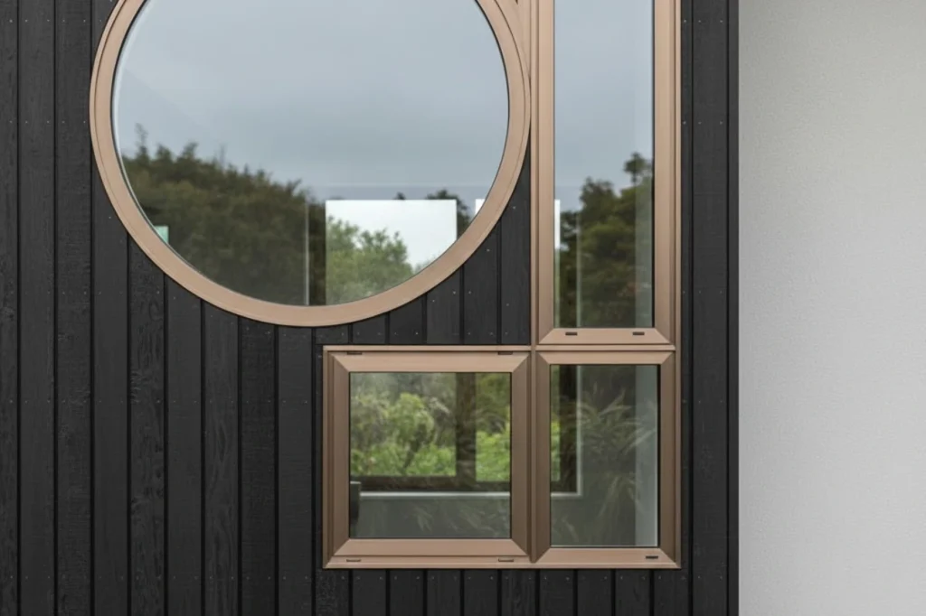 Custom designed Aluminium Windows Waikato by Double Glazing Waikato featuring circular and geometric window configurations for modern homes.