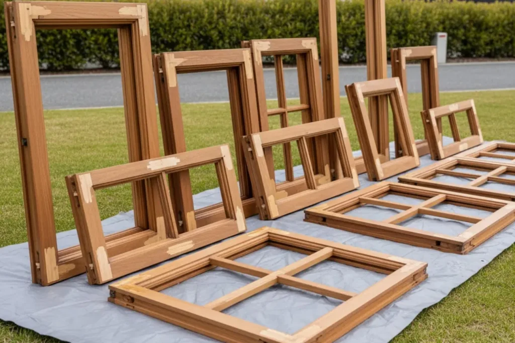Multiple timber window frames prepared for restoration showcasing comprehensive Wooden Window Repairs Waikato by Double Glazing Waikato.