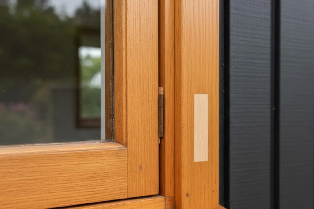 Close detail of timber window hinge and joinery showcasing expert Wooden Window Repairs Waikato by Double Glazing Waikato.
