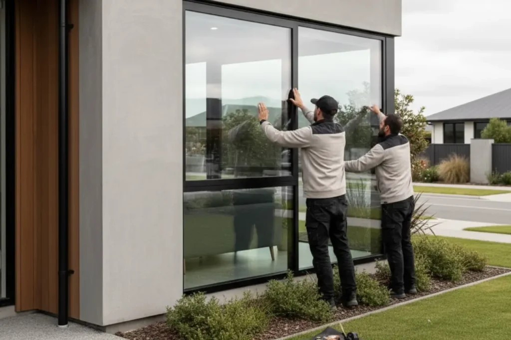 Experienced Double Glazing Cambridge contractors professionally installing large double glazed windows on a modern home.