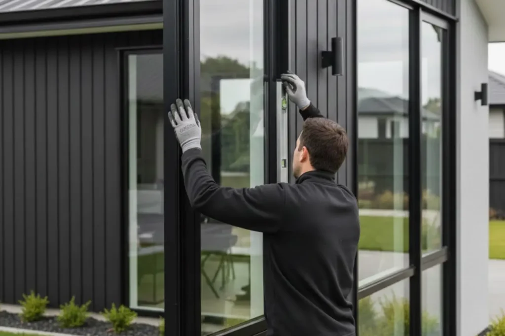 Expert Double Glazing Cambridge specialists precisely installing double glazed windows on a modern residential property.