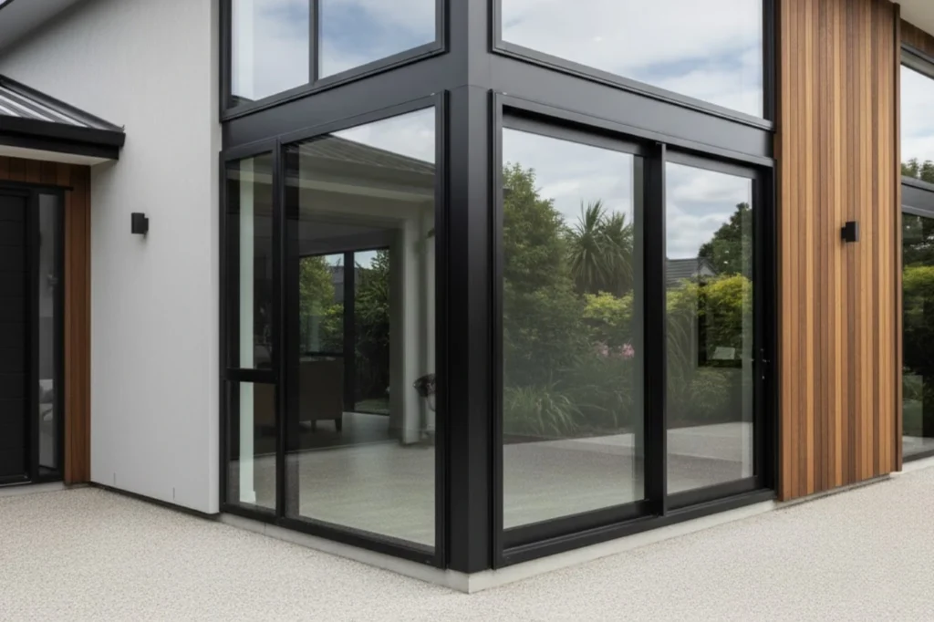 High quality Aluminium Windows Waikato installed by Double Glazing Waikato featuring modern corner glazing and premium black aluminium frames.